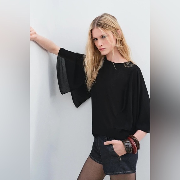 ZARA ZW Collection Black Flowing Cape Sleeve Lightweight Chic Blouse Top Sz L - Picture 2 of 11